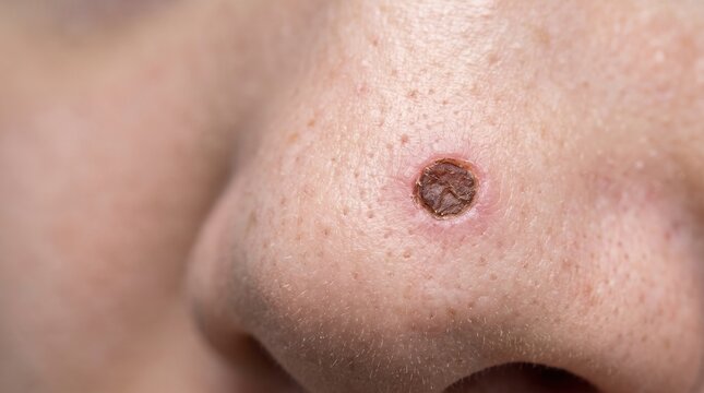 Macro photography of a dark crusted scab or skin lesion on human nose