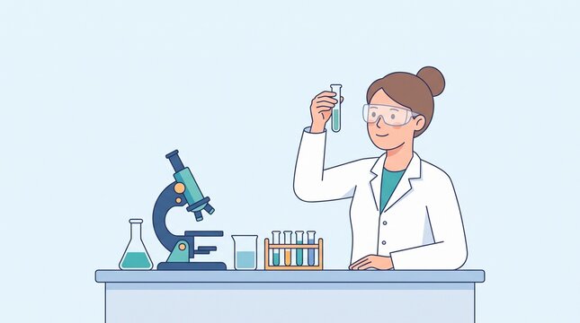 Simple cartoon scientist raises a sample vial beside a microscope and laboratory glassware