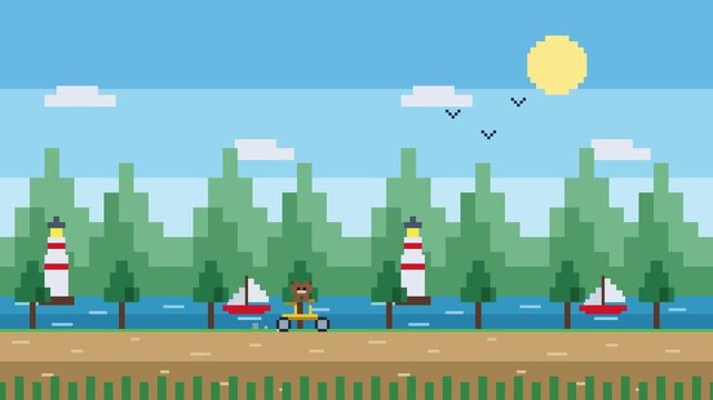 Pixel art bear riding a bicycle through a retro landscape