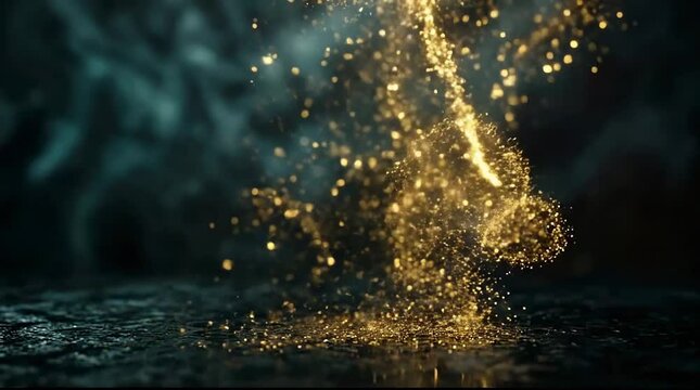 Cinematic macro shot of shimmering gold glitter particles swirling on a dark reflective surface