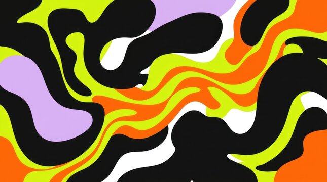 Modern abstract fluid composition featuring vibrant neon green, orange, and lilac flowing organic shapes on a bold black and white background, dynamic wavy patterns for creative artistic design.