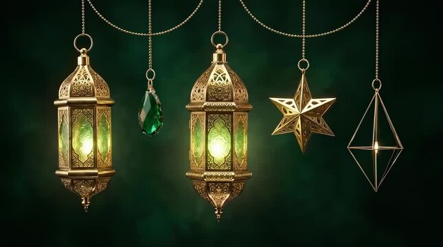 High End 3D Render of Ornate Hanging Islamic Lanterns and Golden Star Ornaments on Green Background