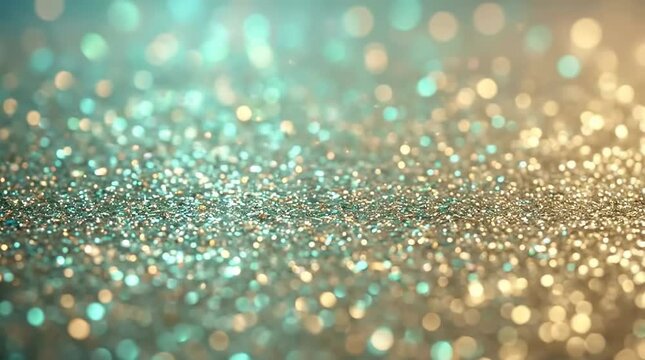 Cinematic Close Up Shot of Ethereal Sparkling Teal and Gold Glitter with Bokeh Particles - 2 Second