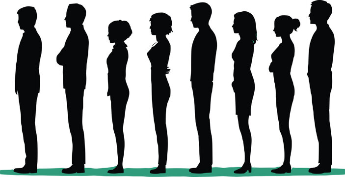 Diverse group of eight black human silhouettes standing in a line, showcasing different heights and genders, on a green grass base