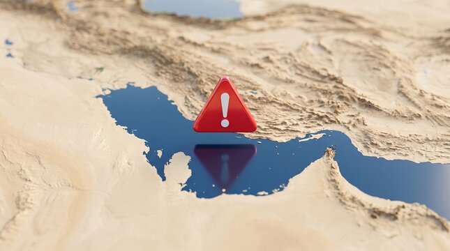3D illustration of a warning sign on a map of the Persian Gulf