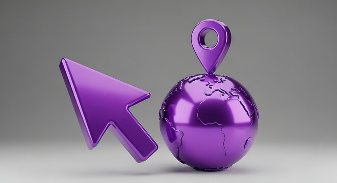 Purple earth globe with location pin and mouse cursor location navigation