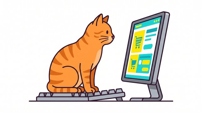 Orange tabby cat sitting on computer keyboard looking at monitor screen shopping online vector illustration