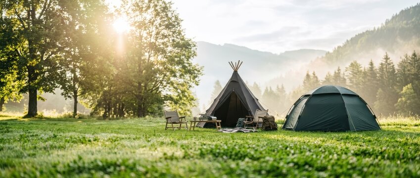 Two tents set up in a grassy meadow with chairs around, bathed in warm sunlight and surrounded by trees and distant mountains.