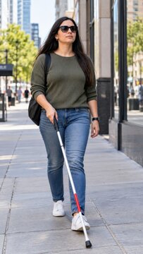 A woman wearing sunglasses and a green long-sleeved shirt, blue jeans, and white sneakers, walks down the sidewalk on a sunny day, holding a white cane in her right hand.