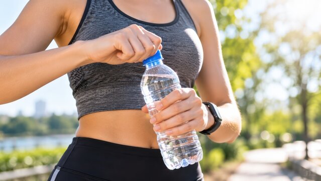 Woman opening a bottle of water during a morning workout. She is wearing athletic clothing and has a fitness tracker on her wrist