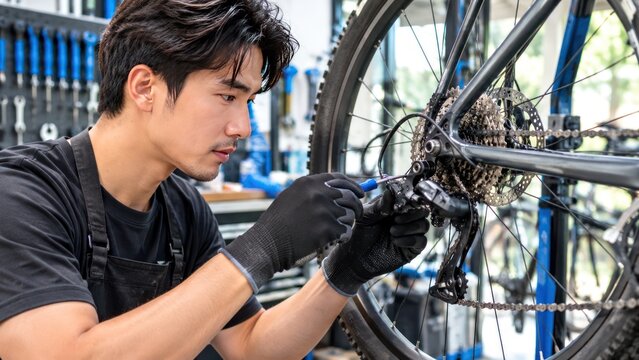 A mechanic skillfully repairs a bicycle in a workshop, focusing intently on the gears. The mechanic wears black gloves and an apron, surrounded by tools and bicycle parts