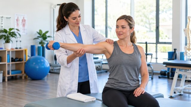 A physical therapist assists a woman with arm rehabilitation exercises using dumbbells. The woman is seated on a therapy bench, and the therapist is guiding her arm motion.