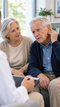 An elderly couple looking concerned while consulting with a doctor or healthcare professional in a home setting. The man is touching his ear, suggesting a possible hearing or ear-related issue