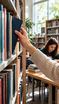 A person's hand reaches for a book on a shelf in a library, with a student studying in the background