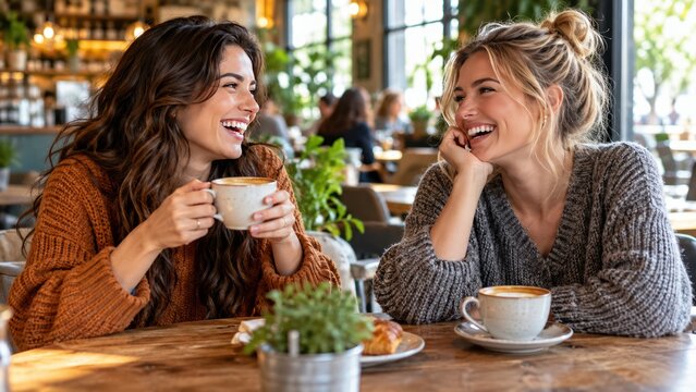 Two young women laughing and enjoying coffee and pastries at a cafe. The women are sitting at a table, holding coffee cups, and seem to be having a delightful conversation.