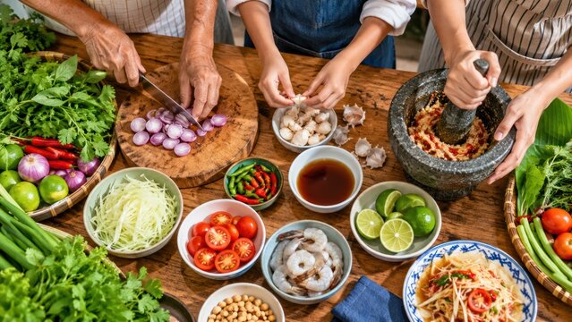 A group of people preparing food together, surrounded by fresh ingredients like herbs, vegetables, and spices. The scene is a vibrant display of culinary activity