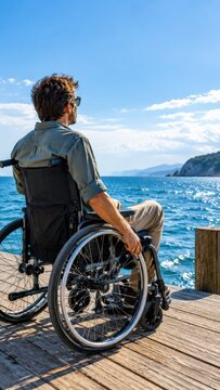 A man in a wheelchair gazing at the ocean on a wooden pier, enjoying the view under a clear blue sky. He wears sunglasses and a casual shirt.