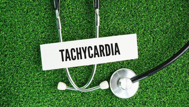 Stethoscope and paper with the word Tachycardia is a medical condition where the resting heart rate exceeds 100 beats per minute bpm in adults