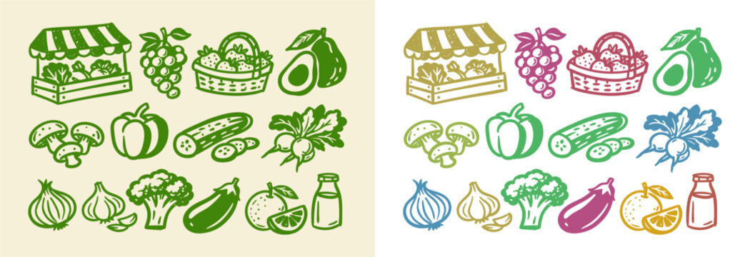 Colorful hand drawn fresh food and market elements set vector illustration