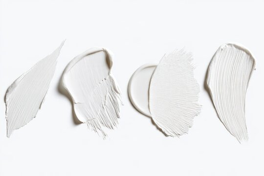 Four white cosmetic cream smears of varying textures on a white background.