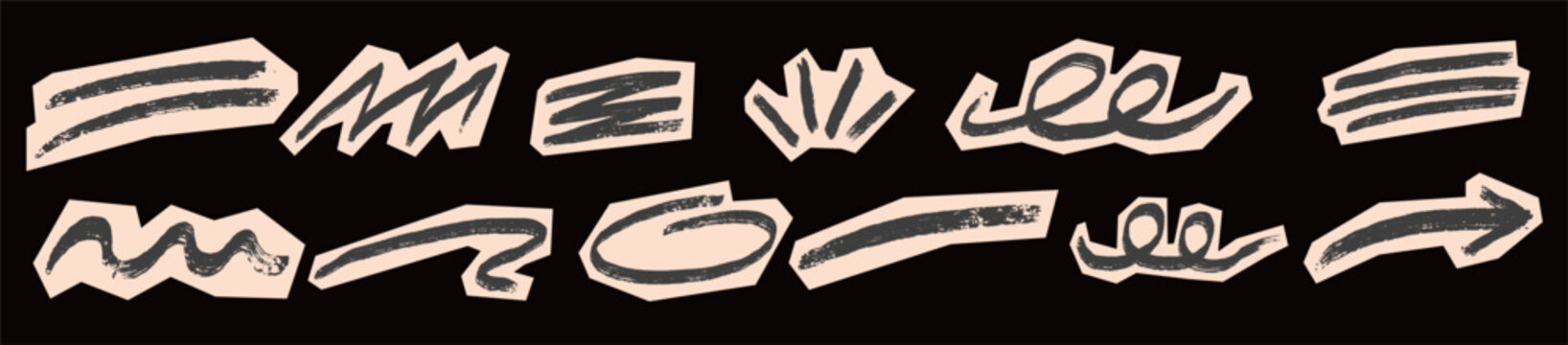 Scrapbook sticker set of hand drawn grunge brush strokes and shapes with paper texture isolated on black background