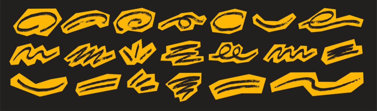 Scrapbook sticker set abstract hand drawn yellow brush strokes with black texture isolated on black background