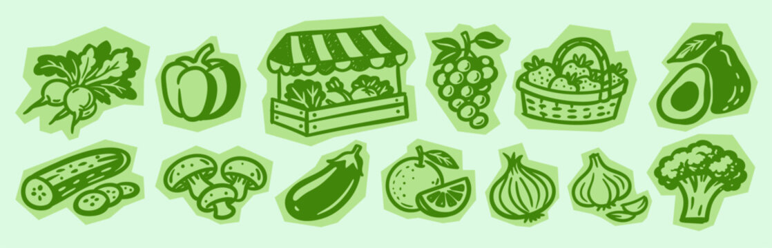 Green fresh food and fruit vegetable scrapbook sticker set isolated on white background