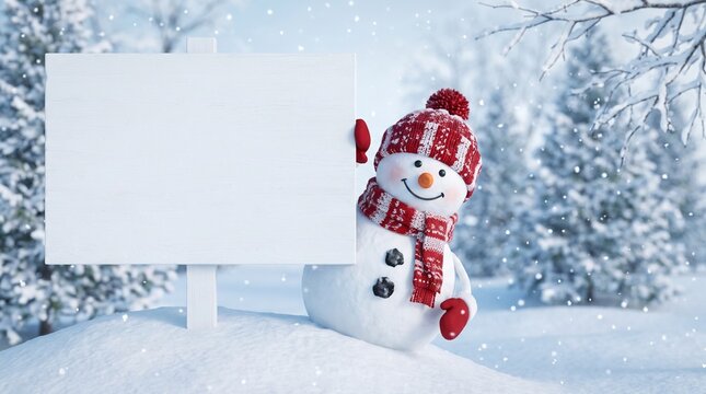 A cheerful snowman wearing a red knitted hat and scarf holding a blank white wooden sign with copy space in a snowy winter forest landscape with falling snowflakes during daytime