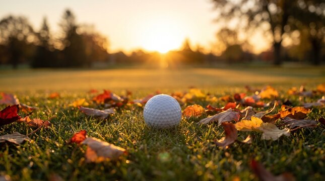 A single white golf ball rests on the lush green fairway surrounded by vibrant autumn leaves on the ground during a picturesque sunset on a golf course with soft golden hour backlighting and bokeh
