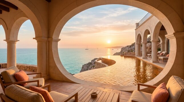 Luxury Mediterranean villa terrace with infinity pool overlooking the sea at sunset, framed through classical stone arches with comfortable lounge chairs and warm golden hour lighting