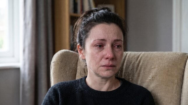 Sad crying woman sitting on sofa at home feeling depressed and lonely with tears on face representing grief mental health emotional pain and distress