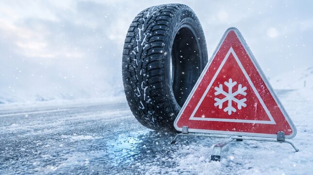 Winter tire with metal studs standing on icy road next to a red warning sign with snowflake symbol during snowfall with cold blue lighting and snowy background