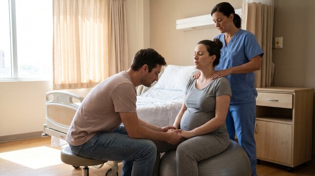 Supportive husband holding hands of pregnant wife sitting on birth ball in hospital room with nurse massaging shoulders during labor and delivery care