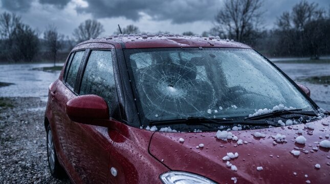 Severe weather damage with a shattered cracked windshield and hail stones on the hood of a red car parked outdoors during a heavy storm