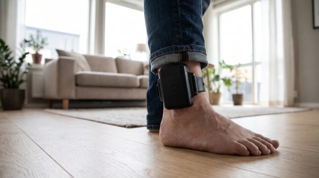 Close-up of a person wearing an electronic tracking monitor ankle bracelet while under house arrest standing in a modern living room interior