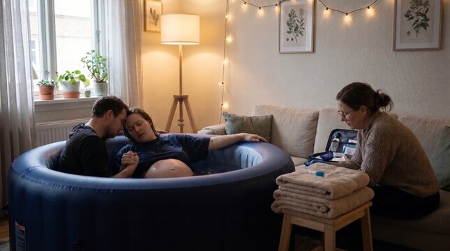 Pregnant woman relaxing in an inflatable birth pool during home water labor supported by her partner and a midwife sitting on the sofa in a cozy living room