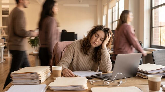 Exhausted young businesswoman sleeping at her desk in a busy modern office with coworkers walking by in motion blur, piles of paperwork, laptop, coffee cup, and natural daylight