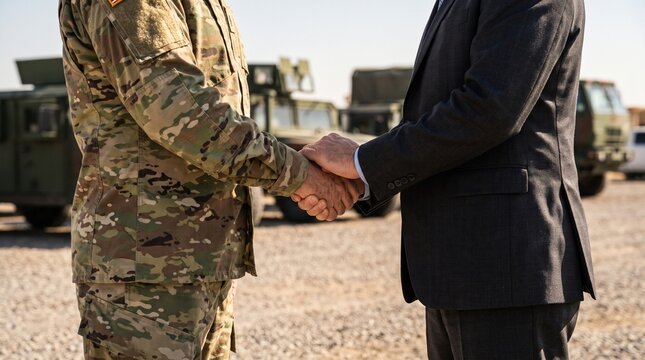 A military soldier in camouflage uniform shaking hands with a businessman in a suit outdoors in front of military vehicles under bright daylight