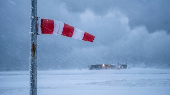 Red and white striped windsock blowing horizontally during a severe winter blizzard snowstorm with poor visibility and cold stormy weather conditions at an airfield or airport in the winter