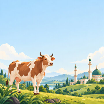 Realistic Dairy Cow Standing On Green Pasture With Beautiful Mosque And Mountains