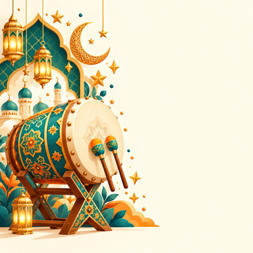 Traditional Bedug Drum And Golden Lanterns For Ramadan And Eid Celebration