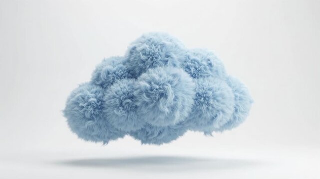 Fluffy blue cloud object render with soft fuzzy wool fur texture, peaceful cute design element isolated on light background for creative whimsical weather icon project
