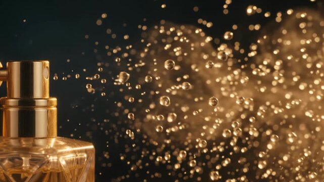 Golden perfume mist spray bottle releasing fine droplet cloud against dark background showcasing luxury fragrance splash aura motion liquid atomization dynamic water glass disperse shine cosmetic