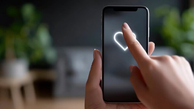 Hand touching smartphone screen with heart emoji