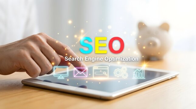 Hand touching digital tablet with SEO search engine optimization icons on screen