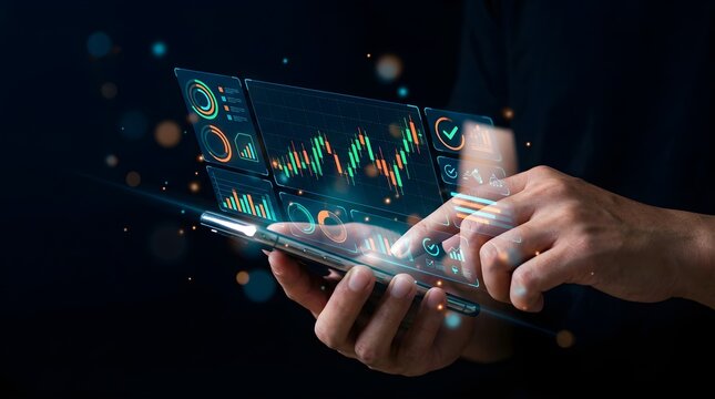 Person using smartphone with glowing digital financial charts and data analytics interface