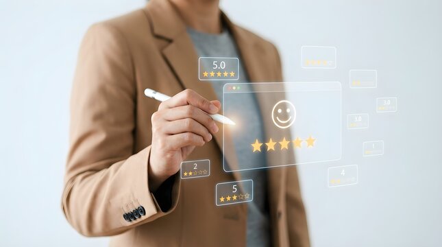 Professional writing five star rating feedback on digital tablet interface