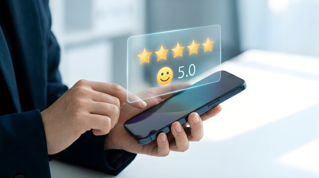 Person holding smartphone showing five star rating and smiley face digital interface