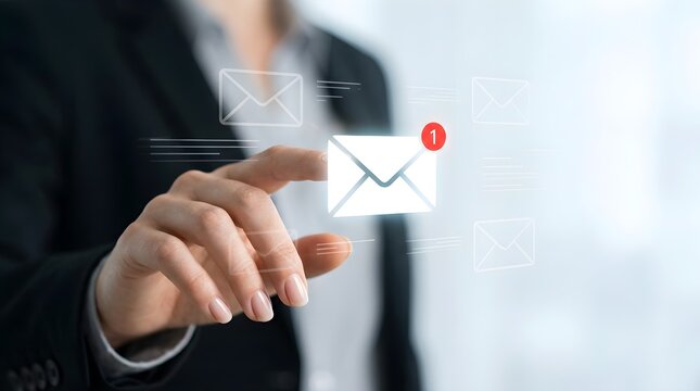 Businesswoman touching digital email notification icon on virtual interface in office workspace