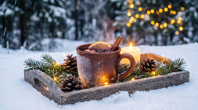 A rustic clay mug of steaming mulled wine with spices glows by candlelight in snow, a warm festive Christmas winter holiday drink for celebration stock.